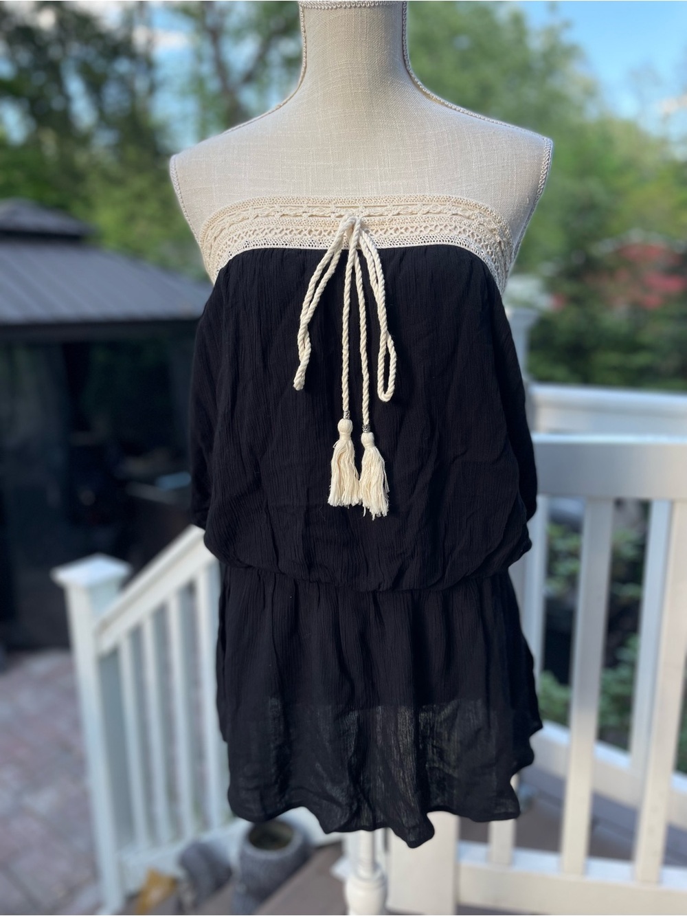 Mitoshop Black Crochet Trim Strapless Romper Cover Up Size L